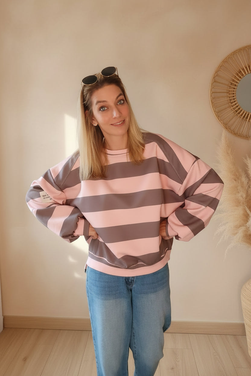 Oversized Streifen-Sweatshirt | Boho Style | Rosa & Blau