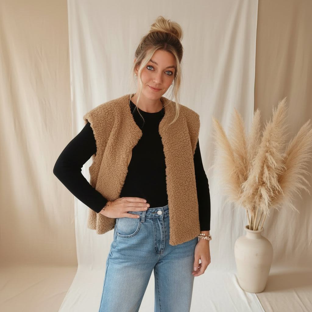 Khakifarbene Damen-Teddyfell-Weste im modernen Styling mit schwarzem Langarmshirt, Jeans und lässiger Passform