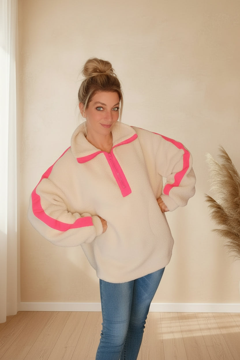 Teddy Sweater Damen in Weiß mit Neonpink und kurzem Frontreißverschluss