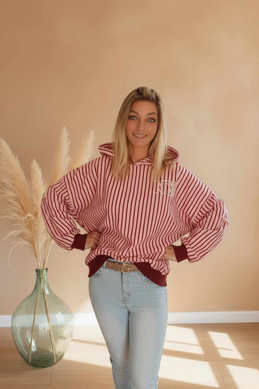 New York Hoodie Damen gestreift – Frontansicht mit Kapuze, Rot-Weiß, Pampas, One Size