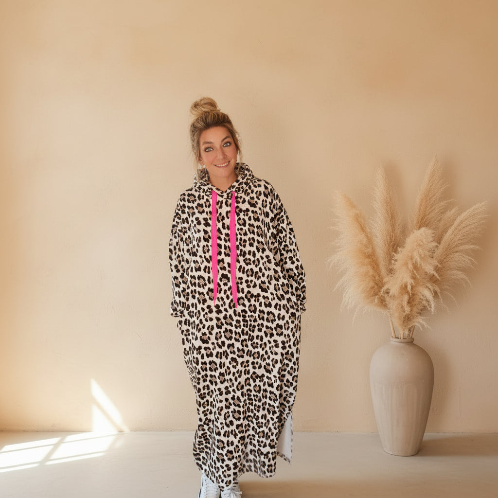 Leo-Hoodiekleid Damen mit langen Ärmeln und seitlichem Schlitz