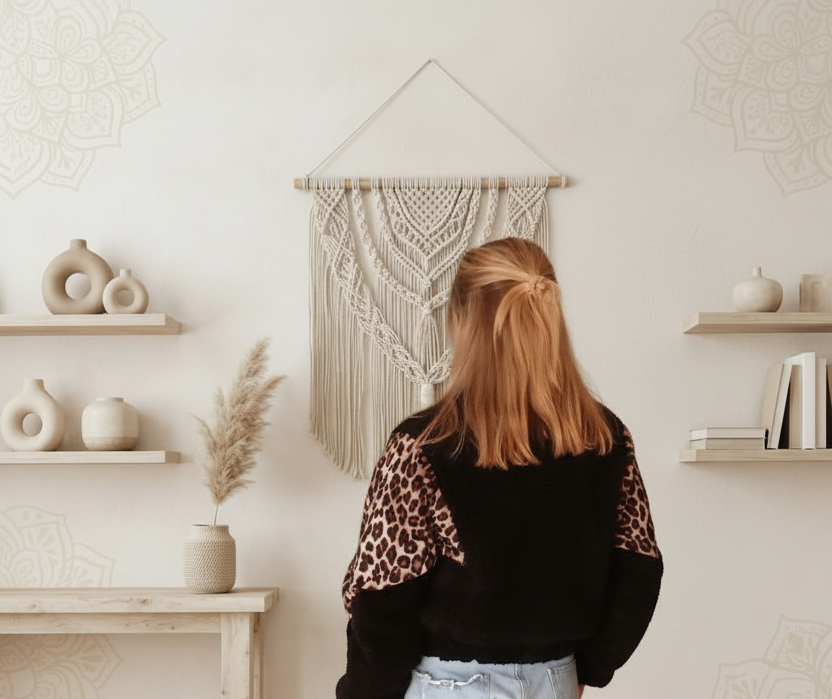 Boho-Luxe Damenmode: Frau in schwarzem Oberteil mit Leopardenmuster vor hellen Wänden.