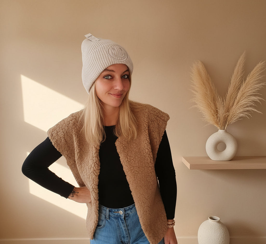 Smiley-Mütze One Size – Hellblau, Creme & Orange - SK-StyleundKompetenz
