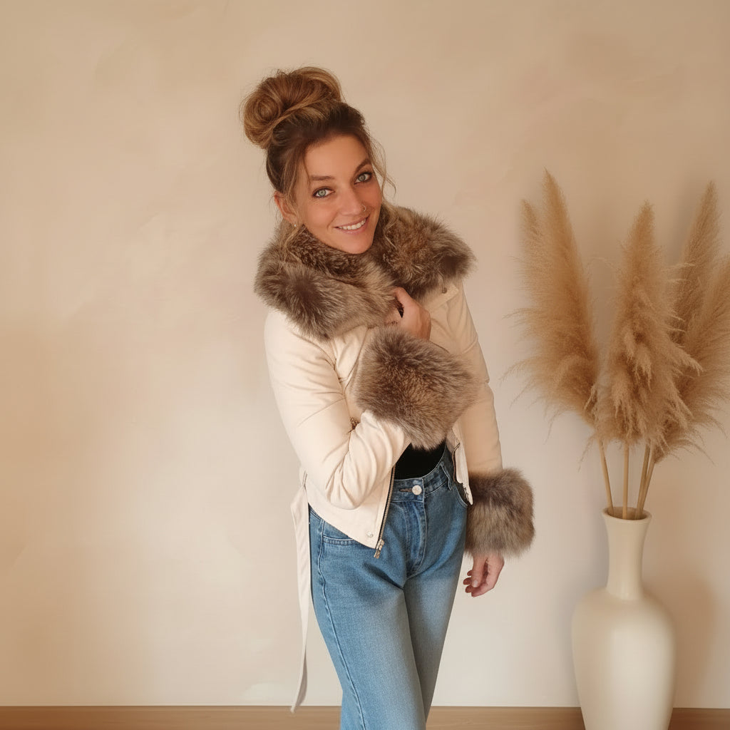 Cropped Jacke Damen cremeweiß mit Fellkragen und Fellmanschetten, kombiniert mit blauer Jeans, Herbst-Look