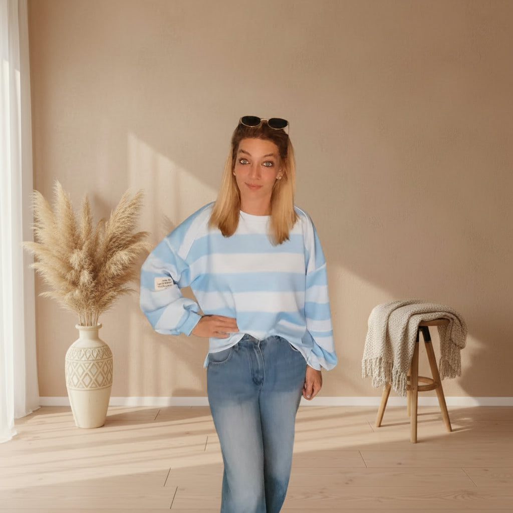 Oversized Streifen-Sweatshirt | Boho Style | Rosa & Blau