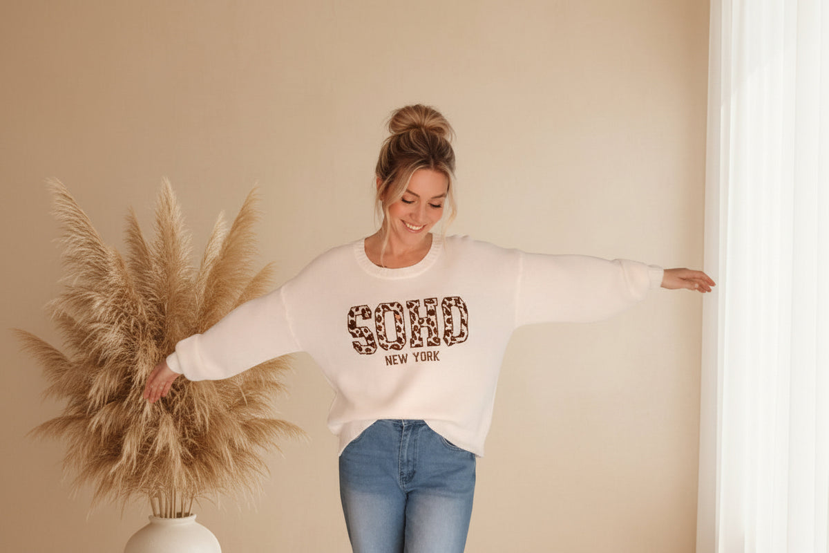 Weißer SOHO New York Pullover mit Leoprint – One Size - SK-StyleundKompetenz