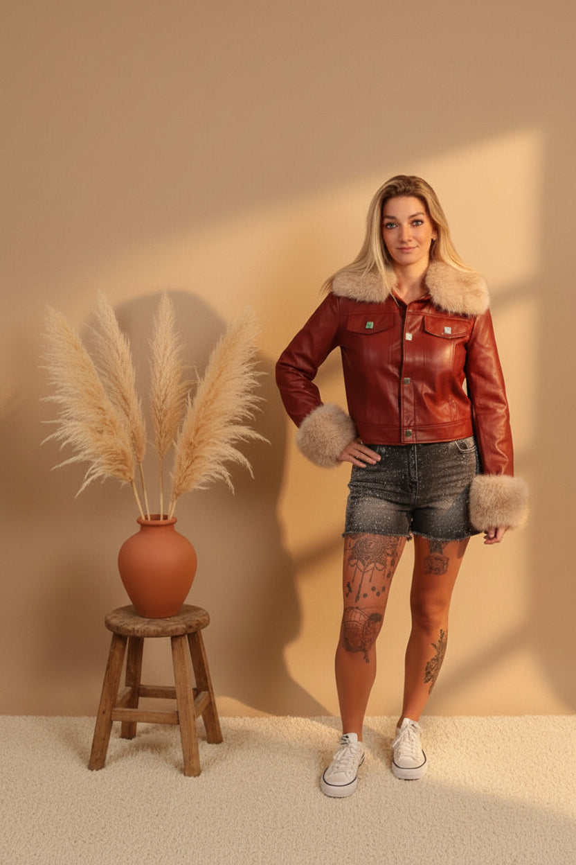 Rote Boho Jacke Damen mit Kunstfellbesatz – Ganzkörper Styling-Shot | SK-Style & Kompetenz