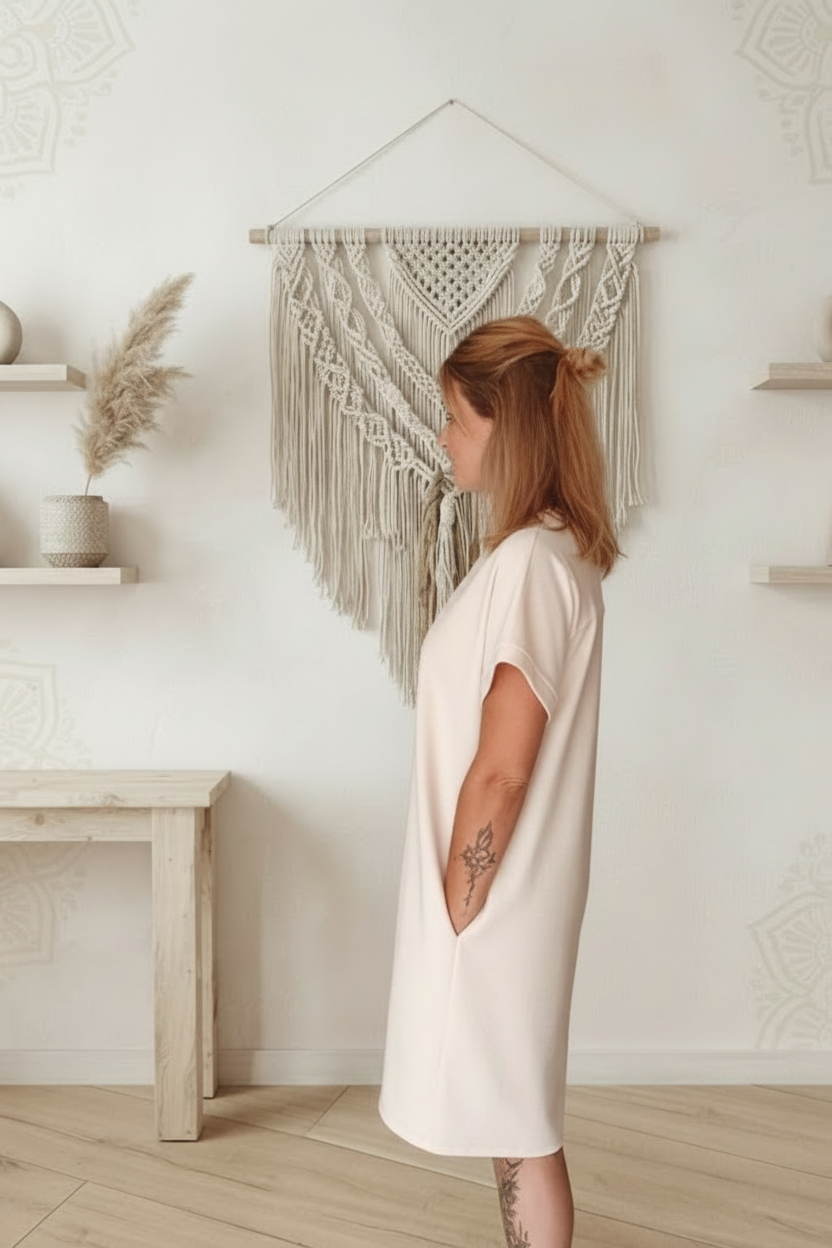 Boho-Luxe cremefarbenes Damenkleid aus weichem Stoff im minimalistischen Look.