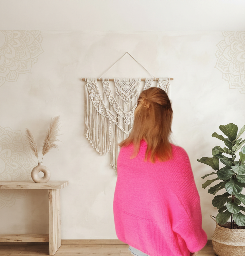 Kuscheliger Strick-Cardigan Fuchsia – Rückenansicht, weiches Oversize-Fit, Boho-Ambiente