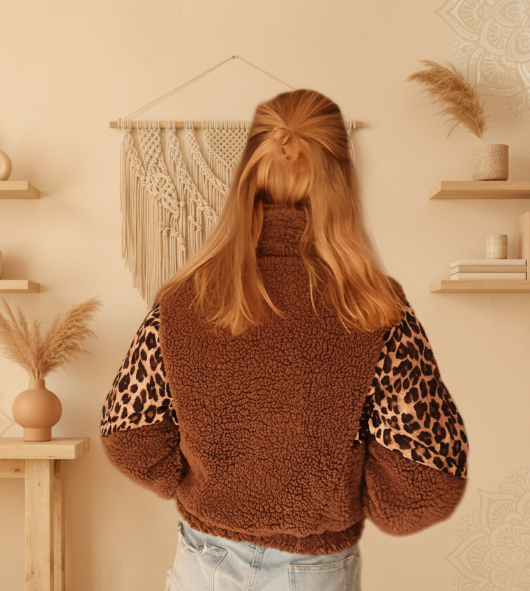 Boho-Luxe Teddyjacke in Braun mit Leopardenmuster-Ärmeln