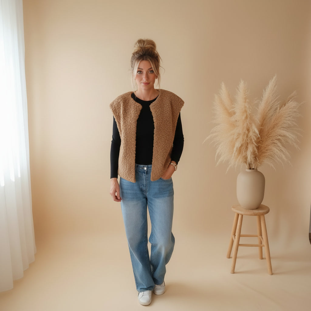 Khakifarbene Teddyfell-Weste als lässiger Ganzkörper-Look mit schwarzem Oberteil, Jeans und weißen Sneakern