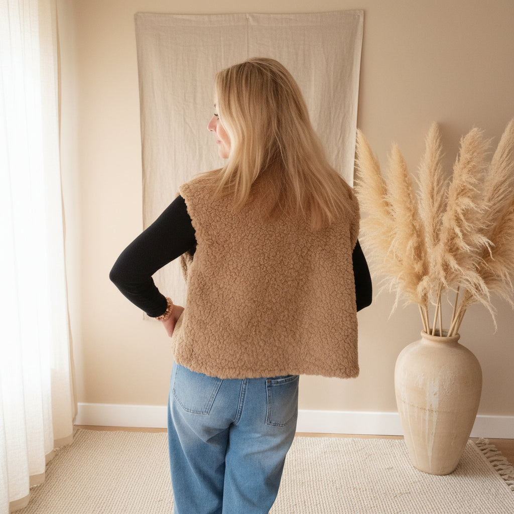 Khakifarbene Damen-Teddyfell-Weste in Rückansicht mit flauschiger Oberfläche, schwarzem Langarmshirt und Jeans