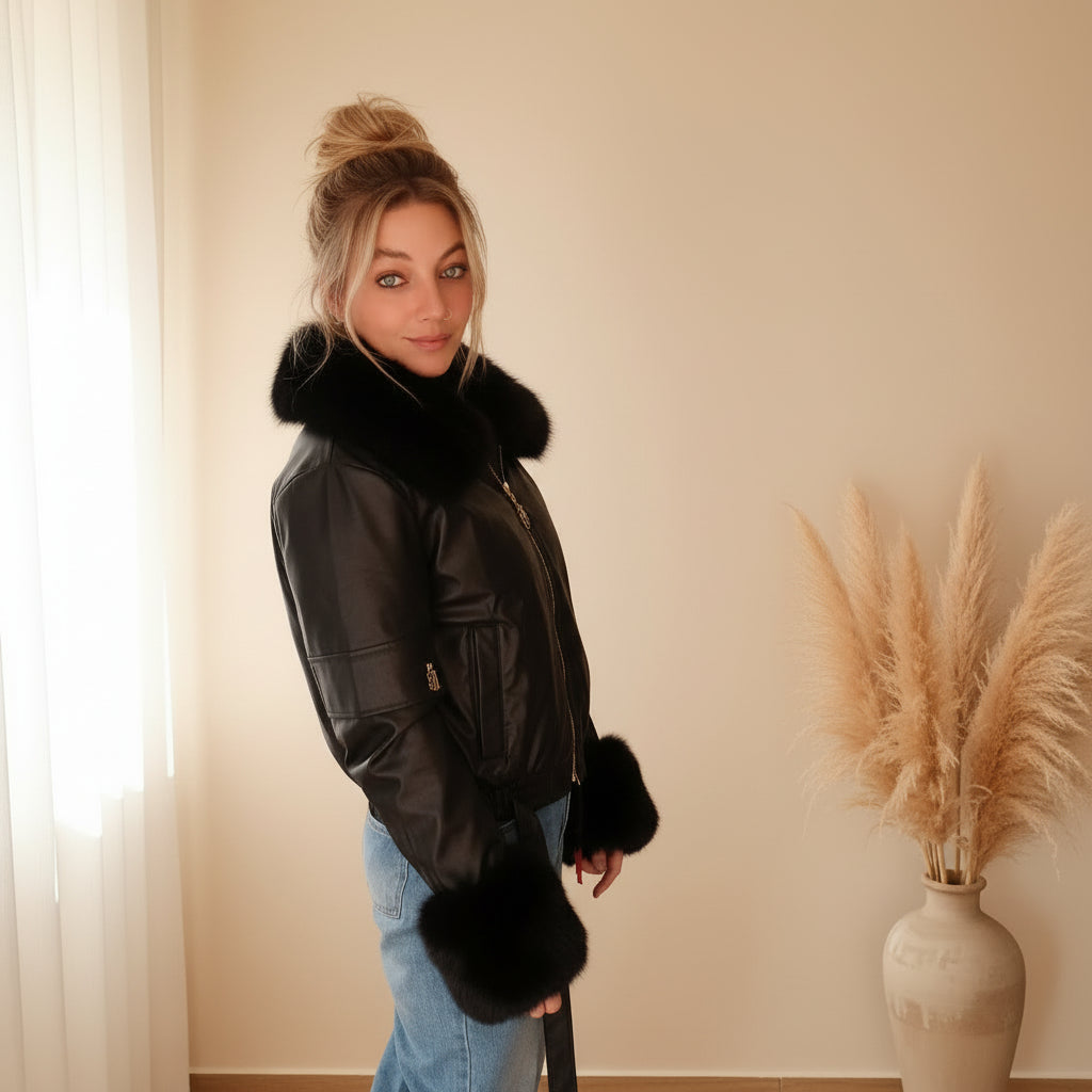 Damen Cropped Jacke schwarz in Lederoptik mit voluminösem Webpelzkragen, Seitenansicht mit heller Jeans