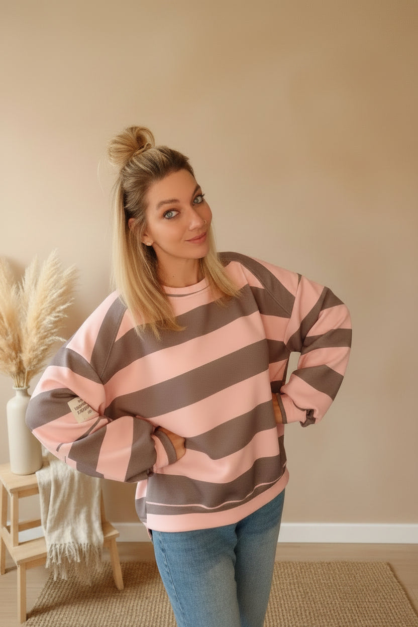Oversized Streifen-Sweatshirt | Boho Style | Rosa & Blau