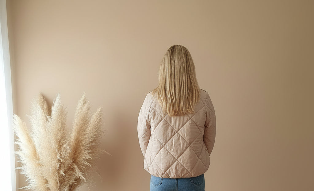 Oversize Damen Steppjacke in Beige mit Rautensteppung, Rückansicht