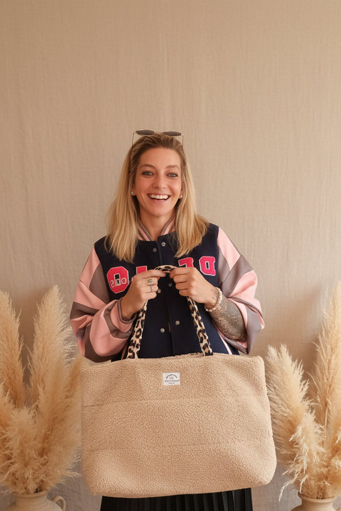 Teddy Shopper Bag Damen Beige Zwillingsherz – Leo-Henkel Boho Damen Handtasche groß OneSize