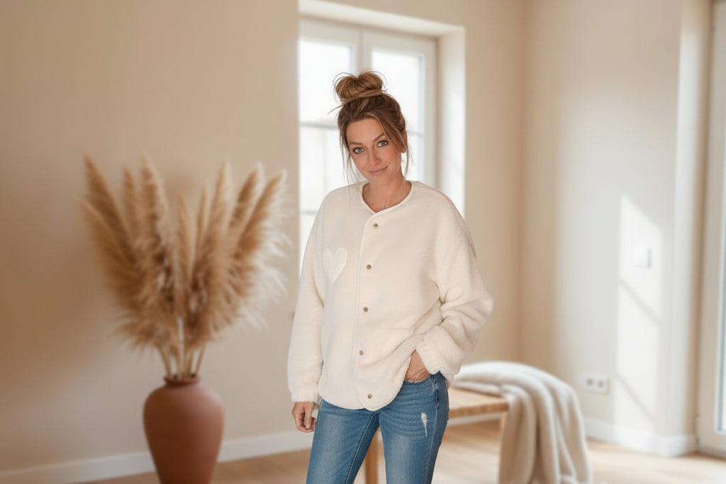 Teddyjacke Damen Weiß Creme mit Herz – Frontansicht