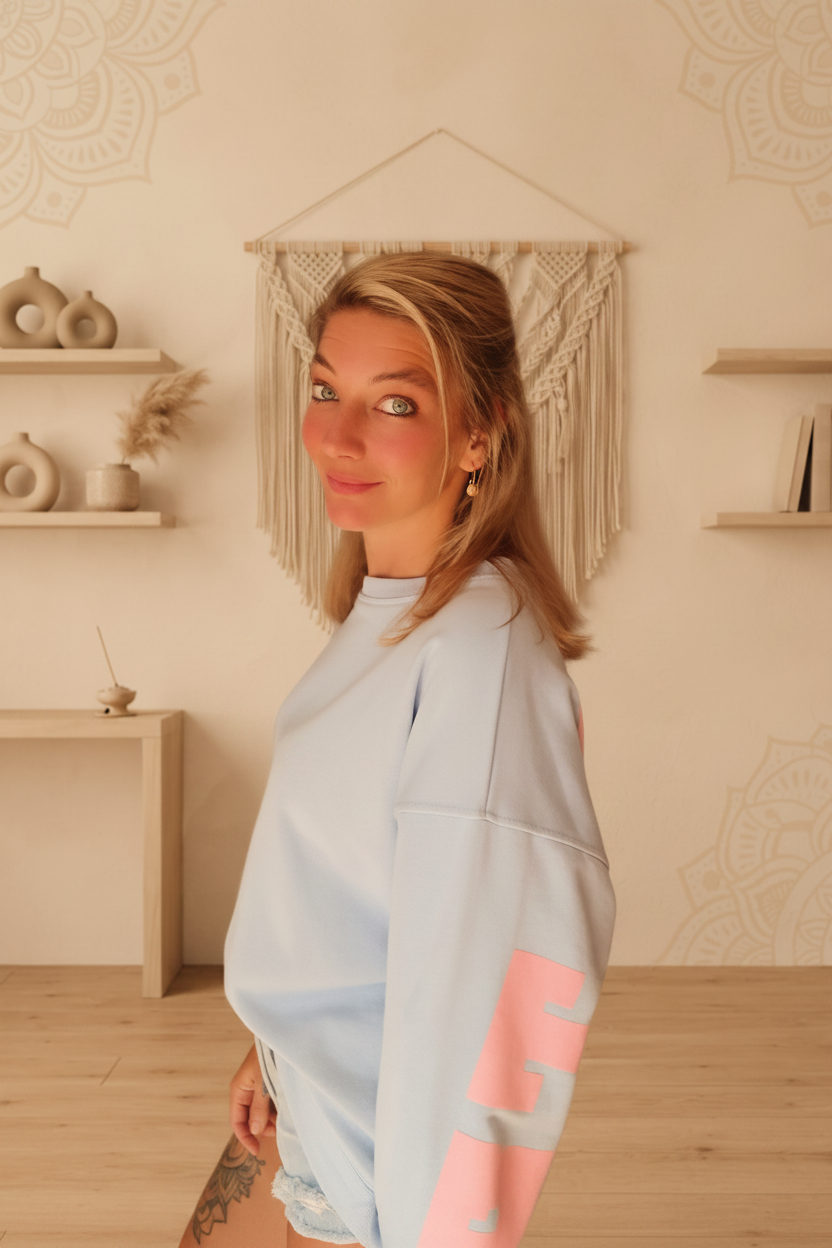 Boho-Luxe hellblauer Sweatshirt aus Baumwolle mit rosa Akzenten an einer Frau.