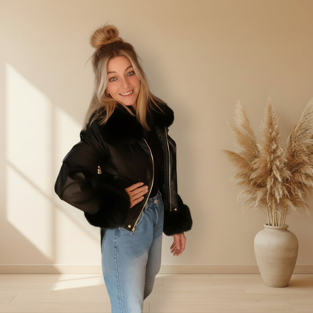 Cropped Jacke Damen schwarz mit Fellkragen in Lederoptik, Styling-Shot für Herbst und Winter