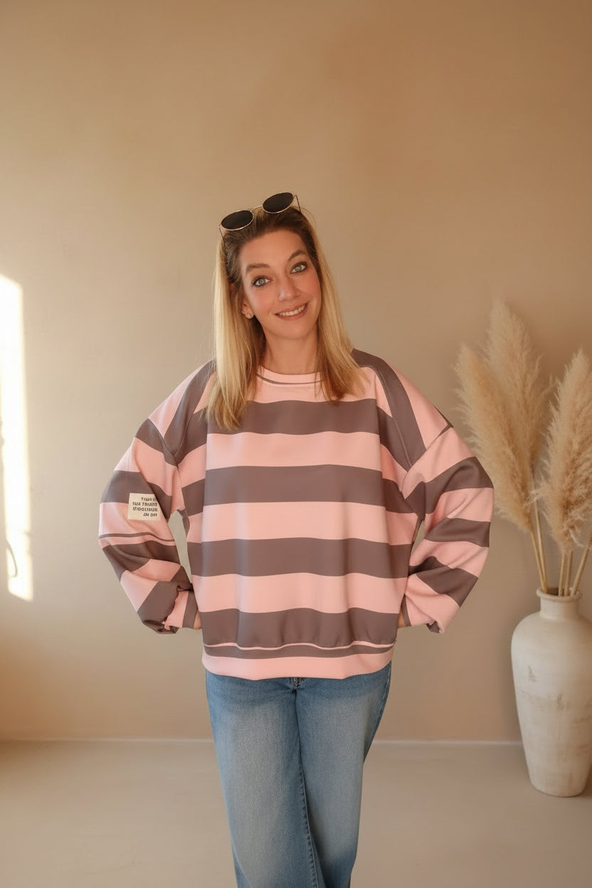 Oversized Streifen-Sweatshirt | Boho Style | Rosa & Blau