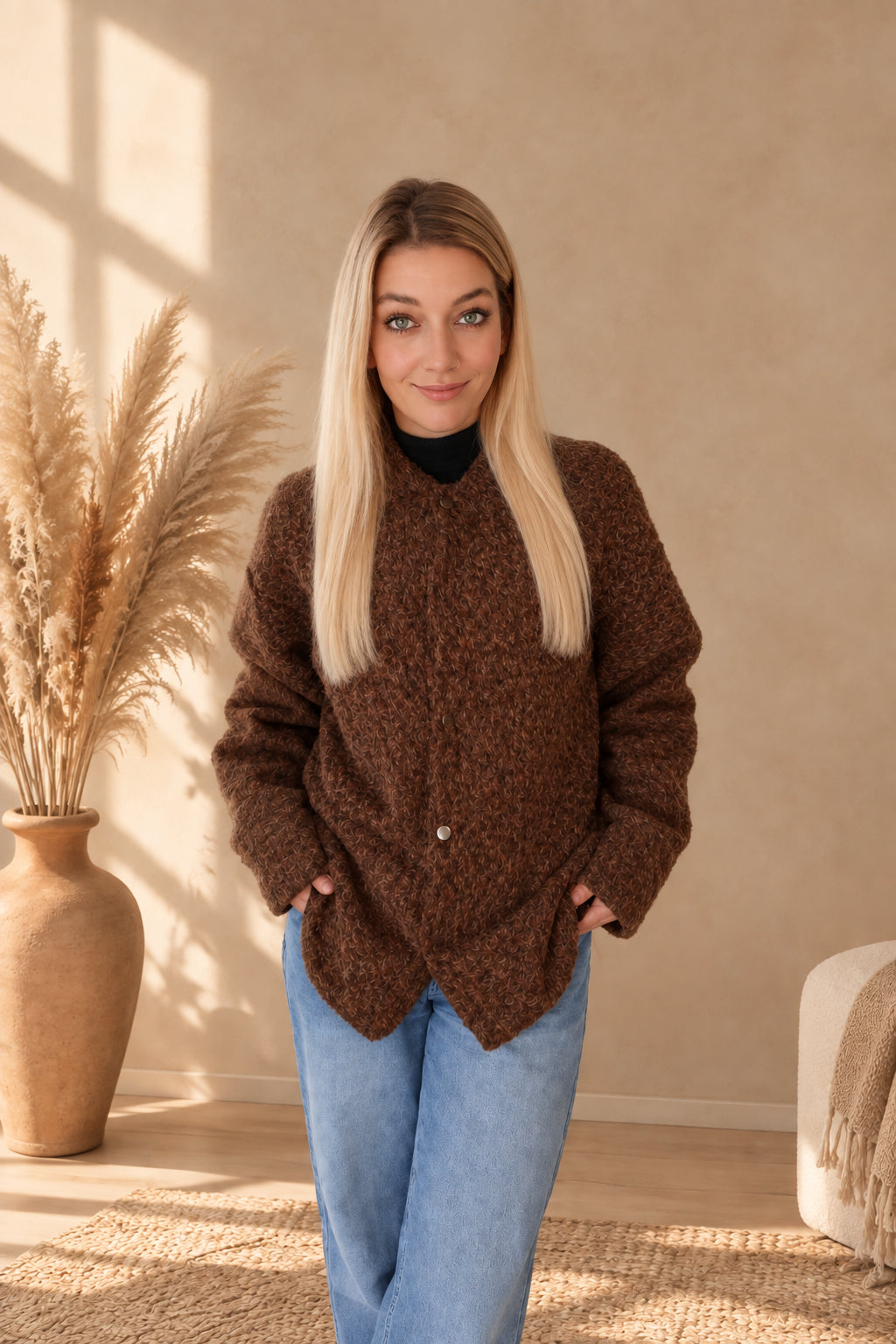 Braune Damenjacke mit strukturierter Oberfläche, vorne teilweise geschlossen, am Model mit Händen an den Jeanstaschen.