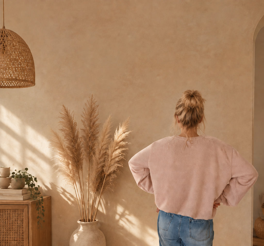 Rückansicht eines locker geschnittenen Damen-Sweatshirts in Beige, Model mit hochgesteckten Haaren.