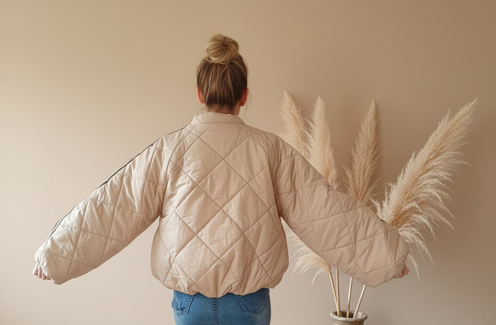 Oversize Damen Steppjacke Beige mit schwarzen Ärmelstreifen und Rautensteppung, Rückansicht