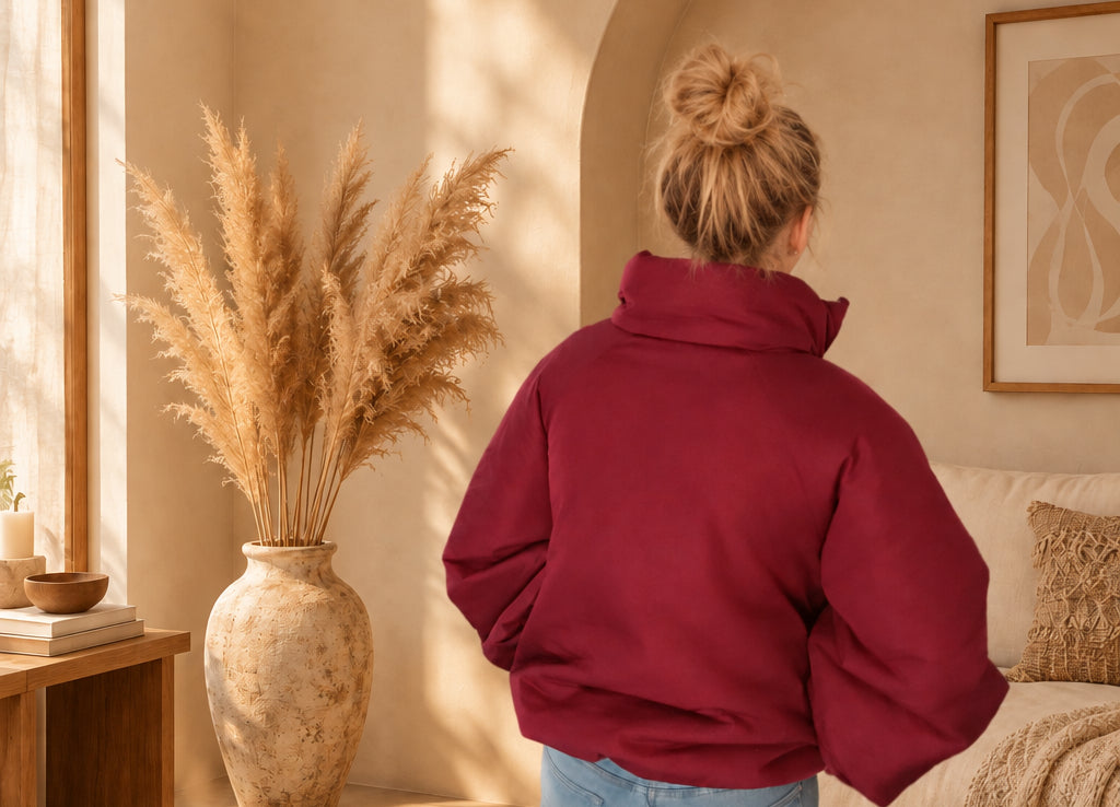 Rote Damen-Ballonjacke mit Stehkragen und voluminösen Ärmeln, Rückansicht