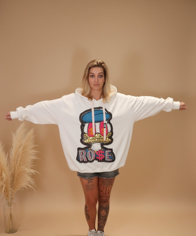 Glitzer Hoodie Damen weiß Frontansicht seitlicher Blick – RO$E Comic-Print Kapuzenpullover