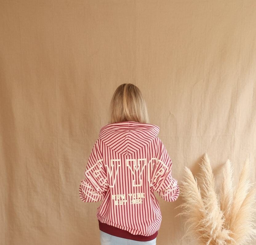 New York Hoodie Damen gestreift – Nahaufnahme NY-Print, Pampas links, Retro Look