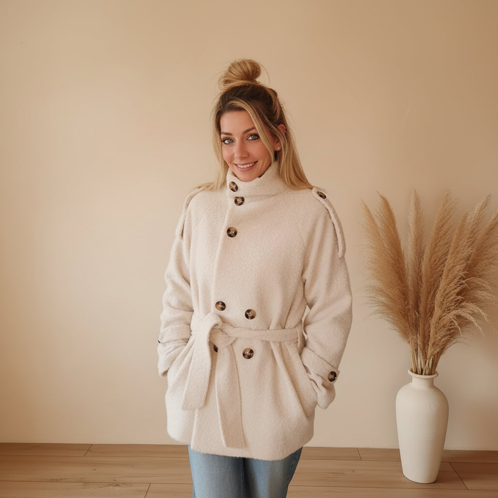 Kurzmantel Damen creme mit Bindegürtel, zu Jeans kombiniert