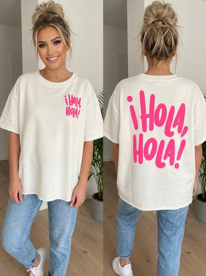 Boho-Luxe Damen-T-Shirt in Cremeweiß mit pinkem ¡Hola, Hola!-Print, Oversize-Look, Baumwollmaterial
