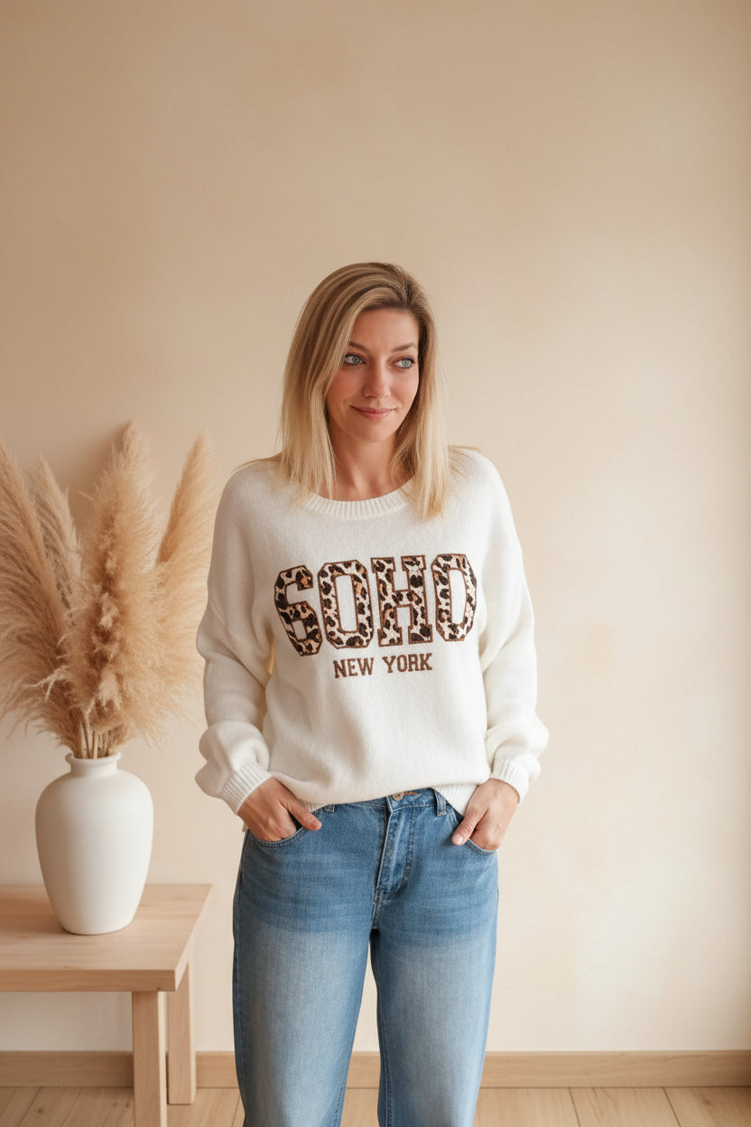 Weißer SOHO New York Pullover mit Leoprint – One Size - SK-StyleundKompetenz