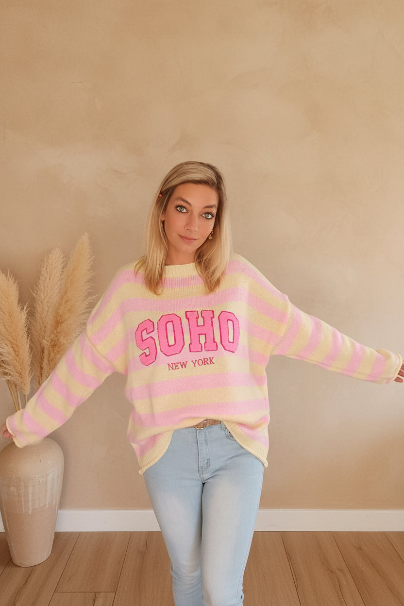 SOHO Streifenpullover Rosa Gelb Rückenansicht – Oversized Knit Sweater Streifenmuster Damen