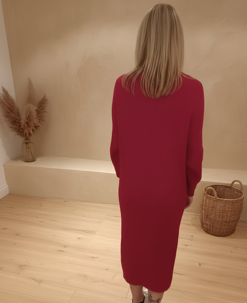 Strickmantel Damen lang Beerenrot Rückansicht – Cardigan Longline Länge 117 cm Grobstrick