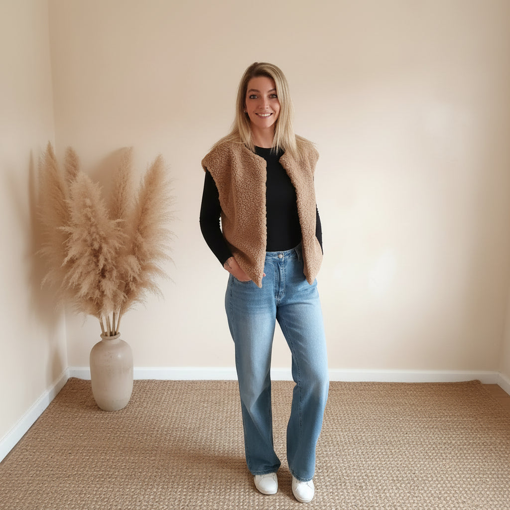 Khakifarbene Teddyweste für Damen in stilvoller Frontansicht, offen getragen zu schwarzem Shirt und Jeans