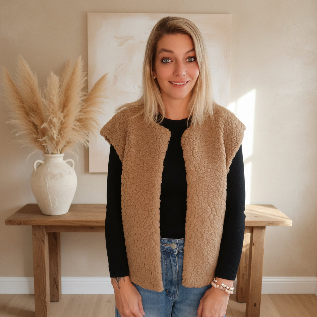 Khakifarbene Damenweste aus weichem Teddyfell im Frontlook mit schwarzem Langarmshirt und hellblauer Jeans