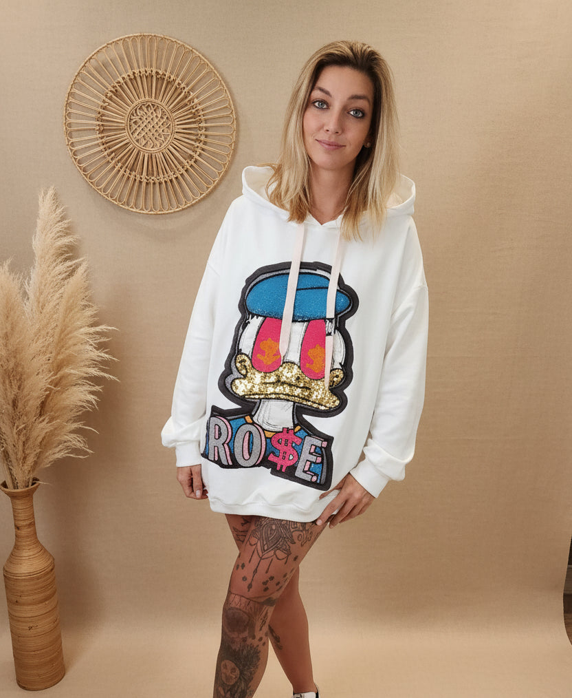 Statement Hoodie Damen weiß Frontansicht entspannt – RO$E Comic-Print Kapuzenpullover Boho-Deko