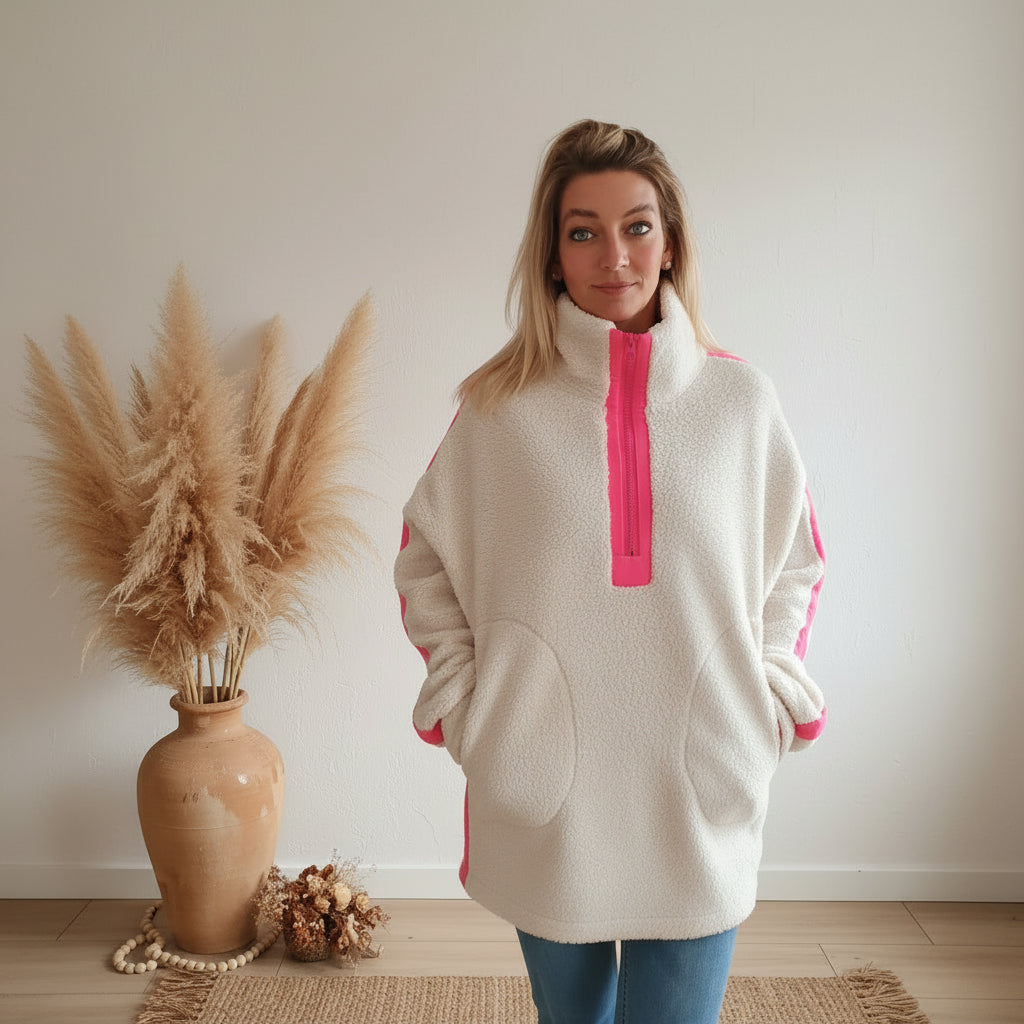 Weißer Teddy Sweater Damen mit Neonpink und lockerem Schnitt in One Size