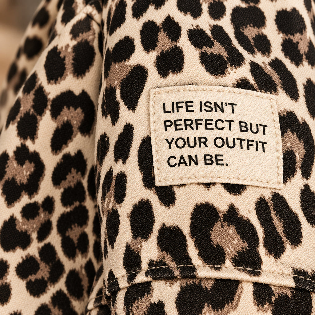Nahaufnahme des Leoprints und des Ärmelpatches mit der Aufschrift „Life isn’t perfect but your outfit can be“.