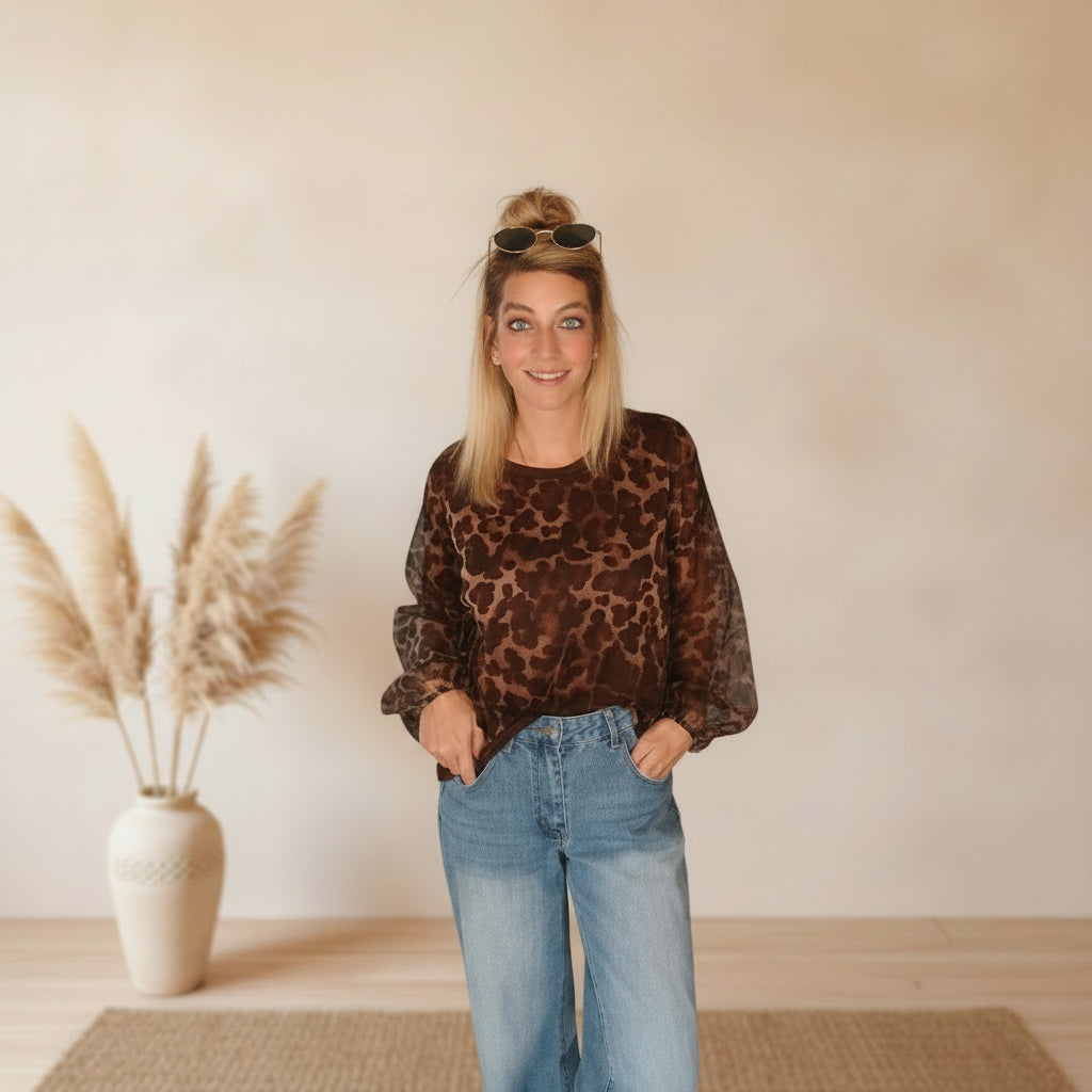 Dunkelbraunes Leo-Shirt Damen mit langen Ärmeln