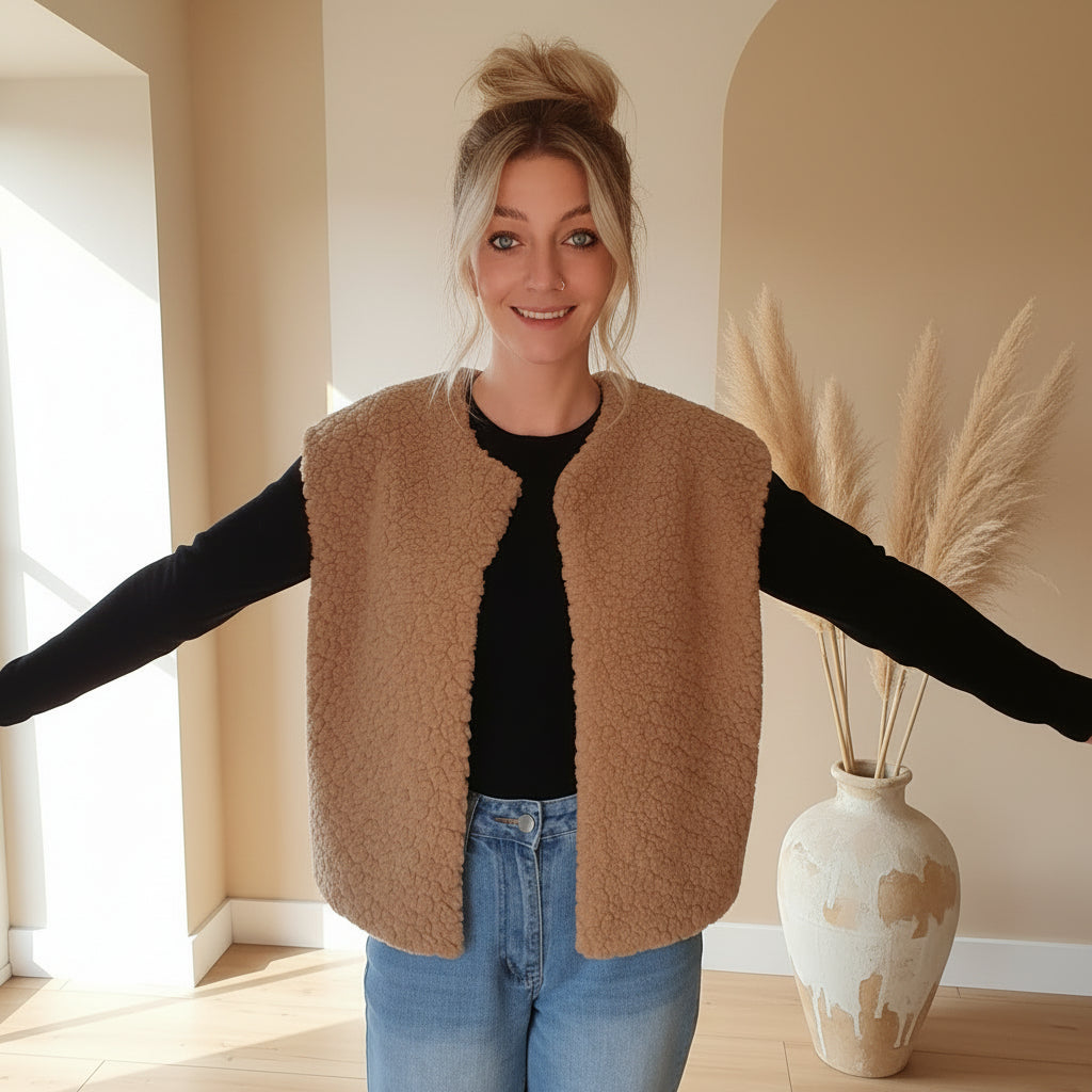 Damen-Teddyfell-Weste in Khaki von vorne, flauschiges Teddyfell und offene Passform im modernen Layering-Look