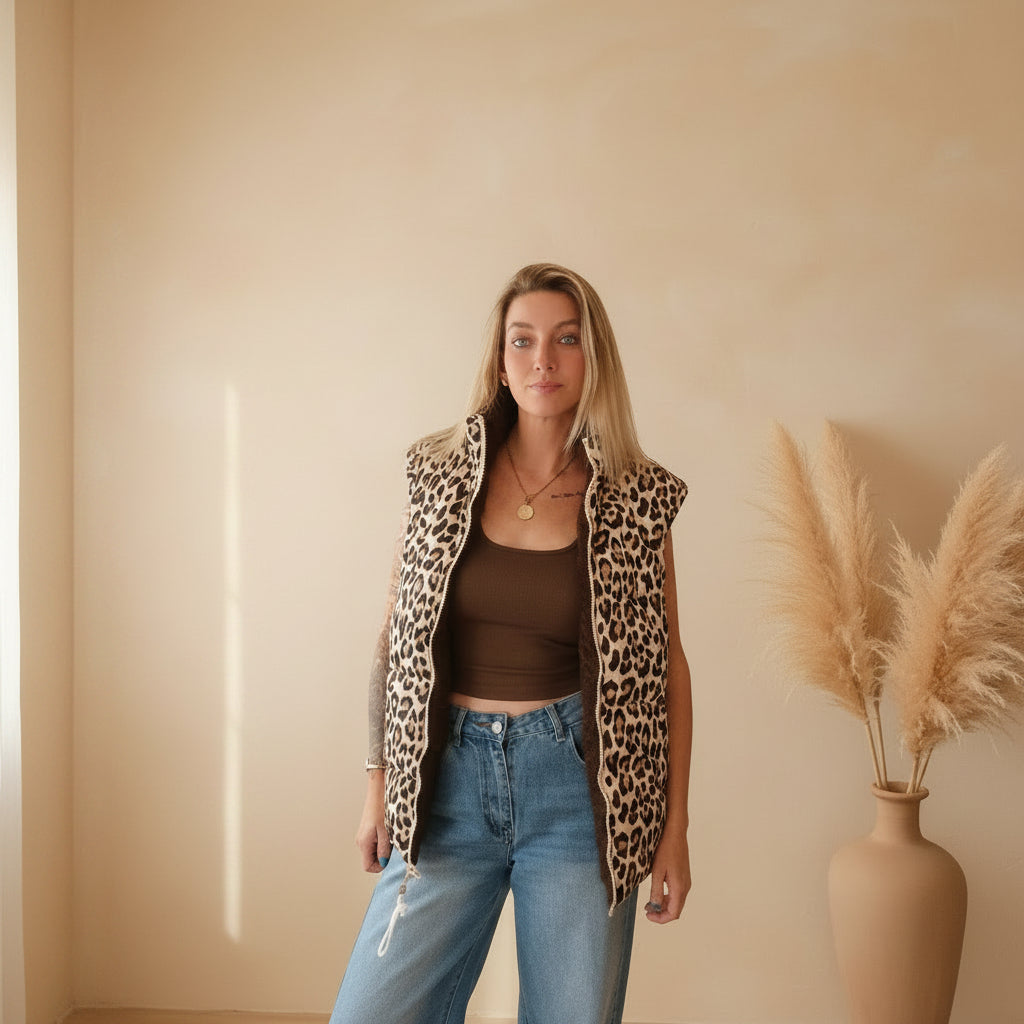 Damen-Wendeweste Leo Teddy mit Leo-Print, lässig mit Jeans kombiniert