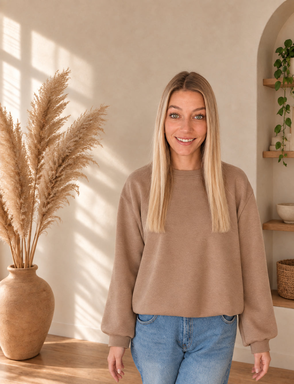 Frontansicht des Damen-Sweatshirts in Taupe mit langen, weiten Ärmeln und Ärmelbündchen.