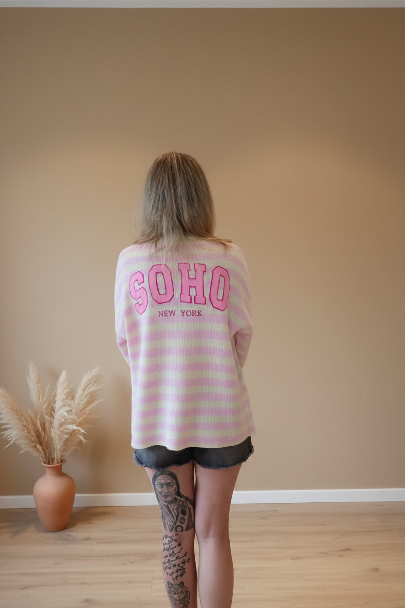 Rückenansicht Oversize Cardigan rosa Streifen mit großem SOHO New York Print – Made in Italy