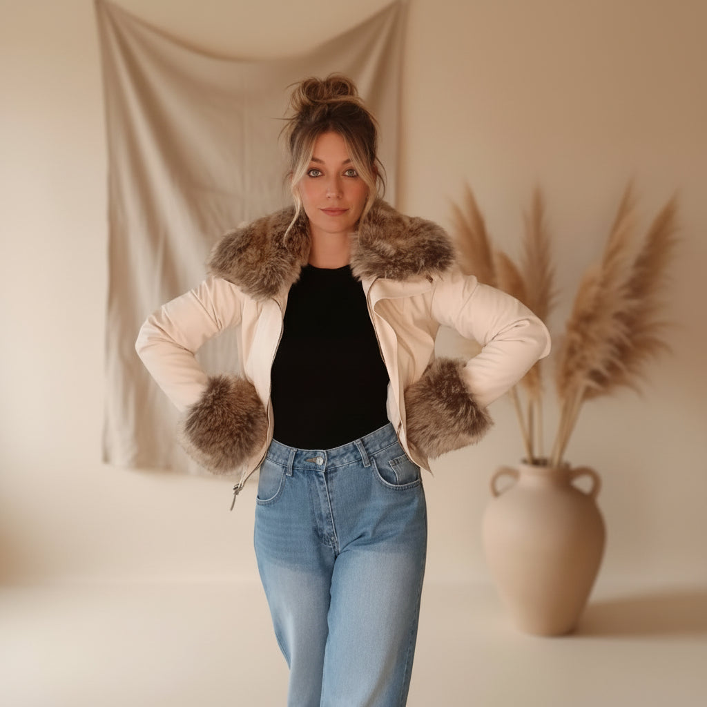 Cropped Jacke Damen cremeweiß von hinten, kurzer Schnitt mit Fellkragen über heller Jeans