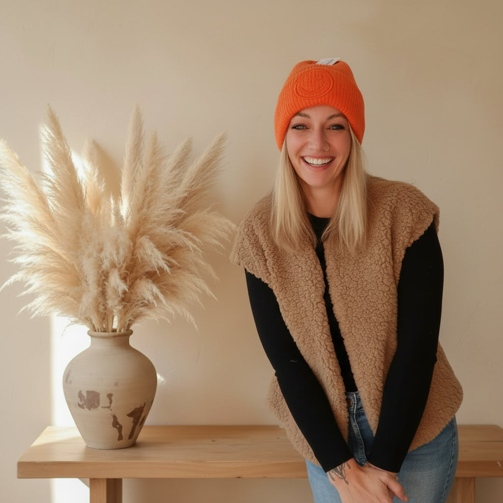 Smiley-Mütze One Size – Hellblau, Creme & Orange - SK-StyleundKompetenz