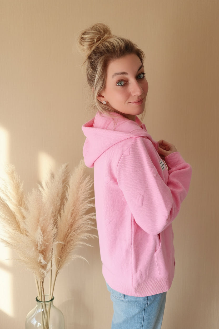 Hoodiejacke Zwillingsherz Love Damen, rosa, Detailaufnahme Kapuze mit verstellbaren Kordeln