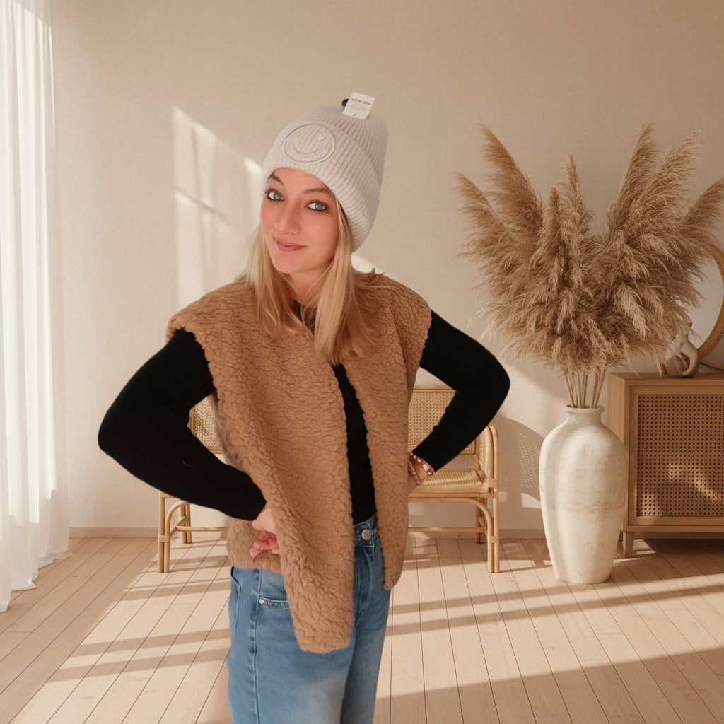 Smiley-Mütze One Size – Hellblau, Creme & Orange - SK-StyleundKompetenz