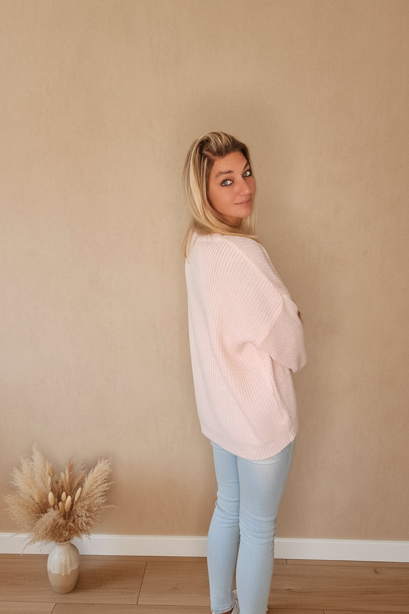 SOHO New York Strickpullover Rosa – Rückenansicht, Oversized-Schnitt, große Pampas-Vase
